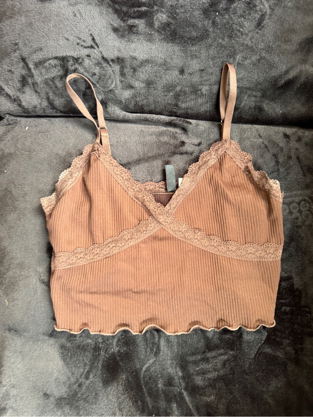 Divided Brown Ribbed Lace Trim Crop Top